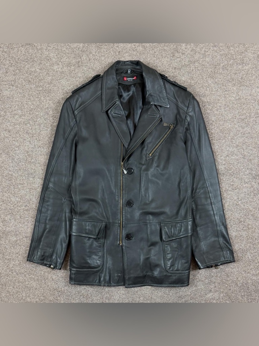 Vintage Ledermoden Black Leather Jacket Men’s M Button Front Zip Close Epaulets
